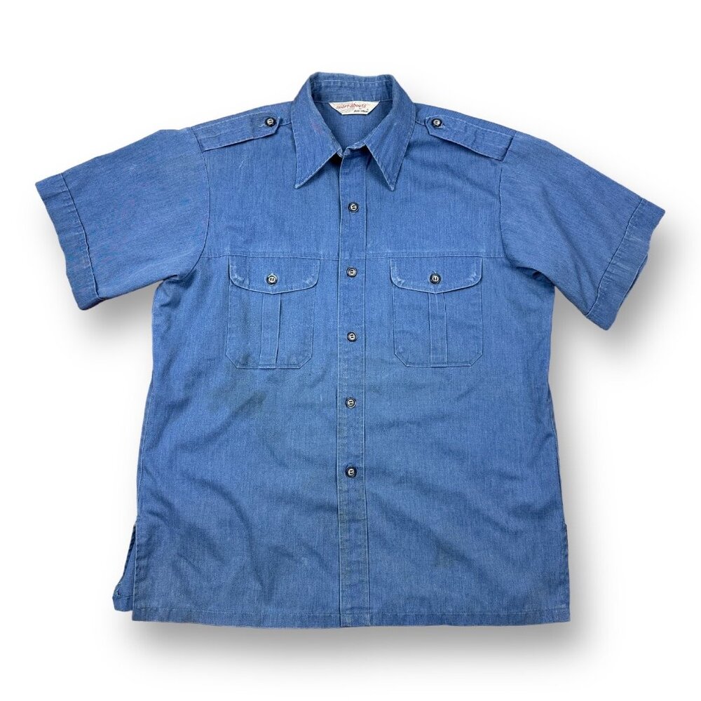 Vintage Big Yank Large Blue Work Shirt Utility Short Sleeve Blue Workwear USA